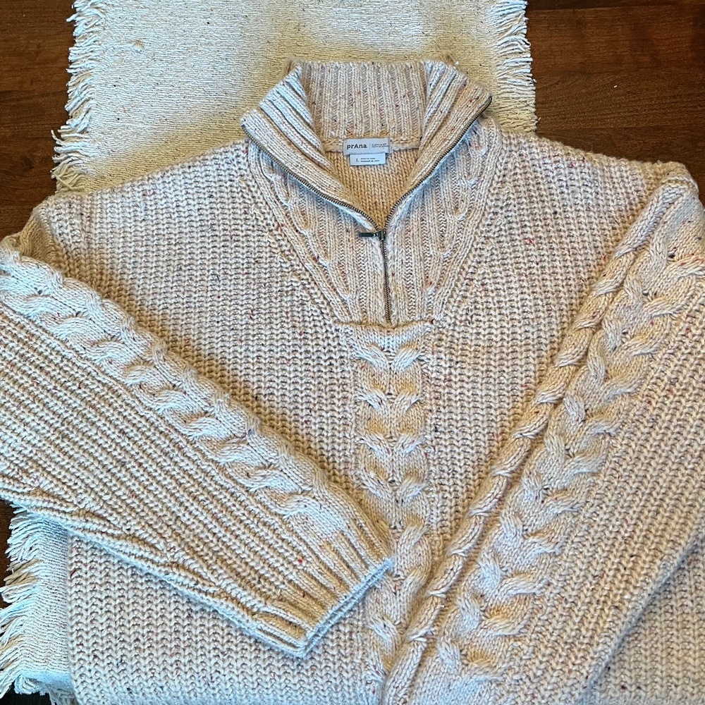 prAna Knit Sweater Oatmeal Tan Cozy Sustainable Women’s L